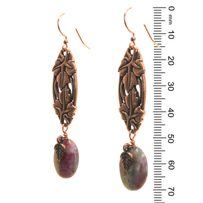 Woodland Copper Earrings / 70mm length / pink tourmaline in quartz / copper earwires