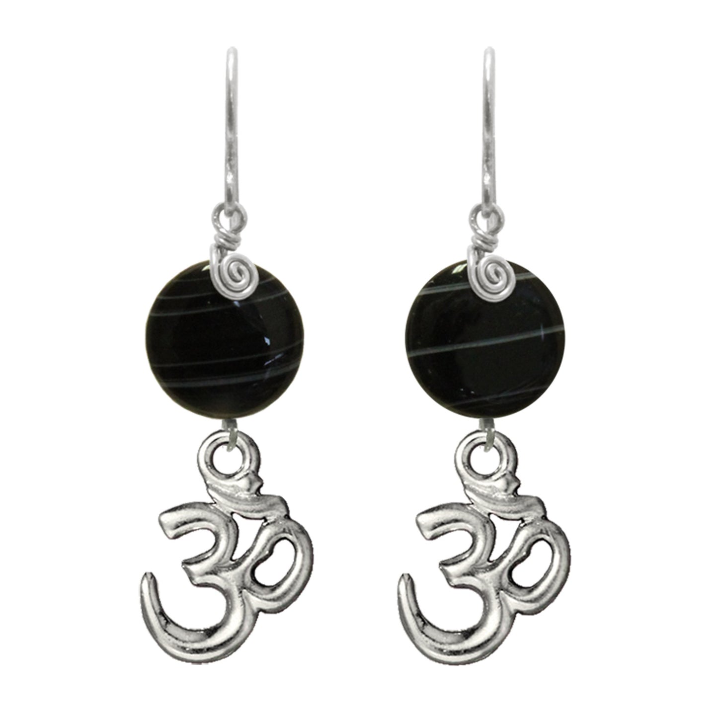 Black Sardonyx Om Earrings / 47mm length / sterling silver hook earwires