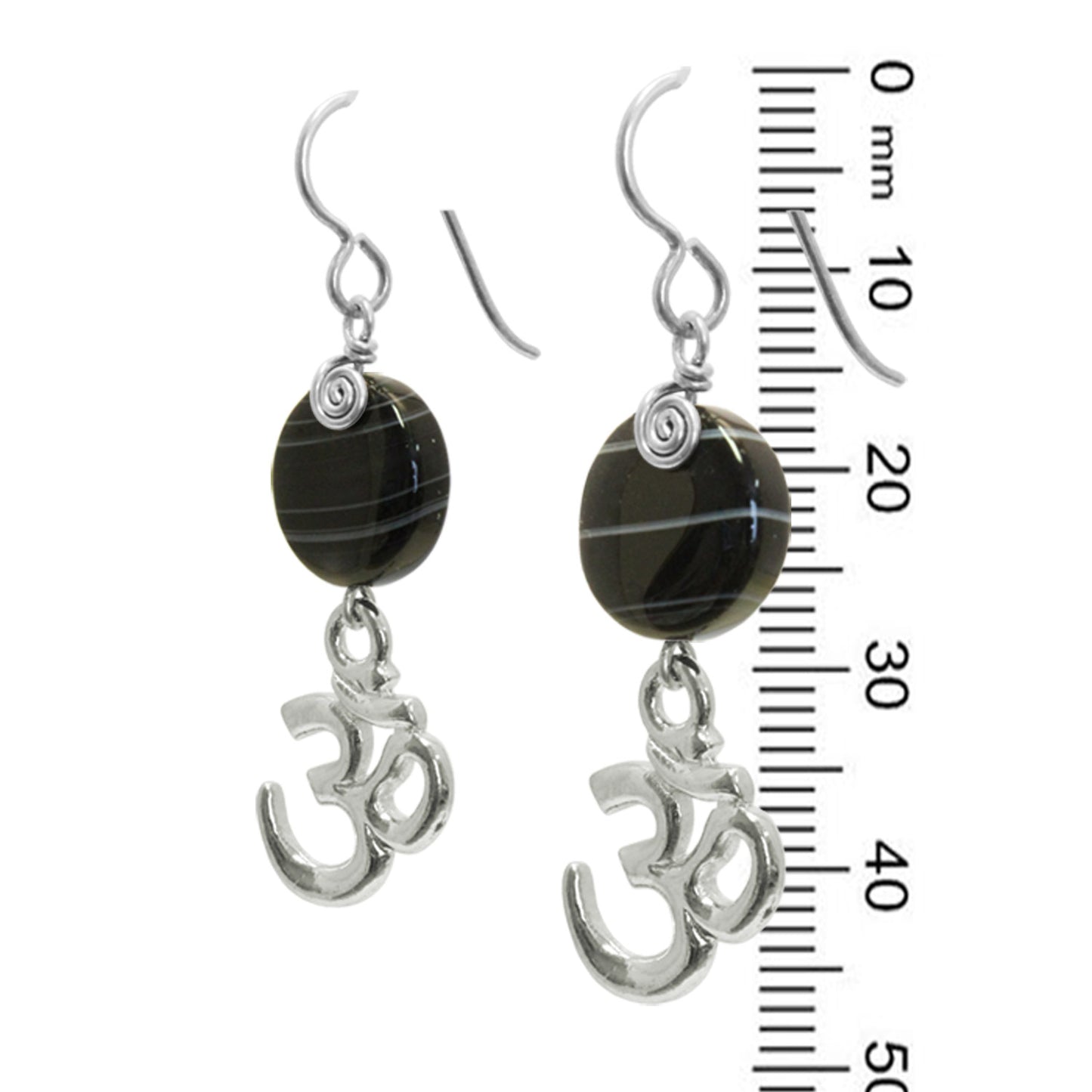 Black Sardonyx Om Earrings / 47mm length / sterling silver hook earwires