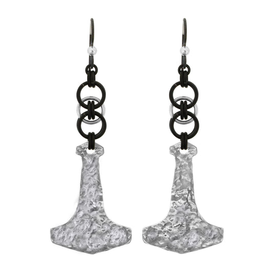 Chainmail Earrings with viking hammer pendant / 75mm length / niobium earwires