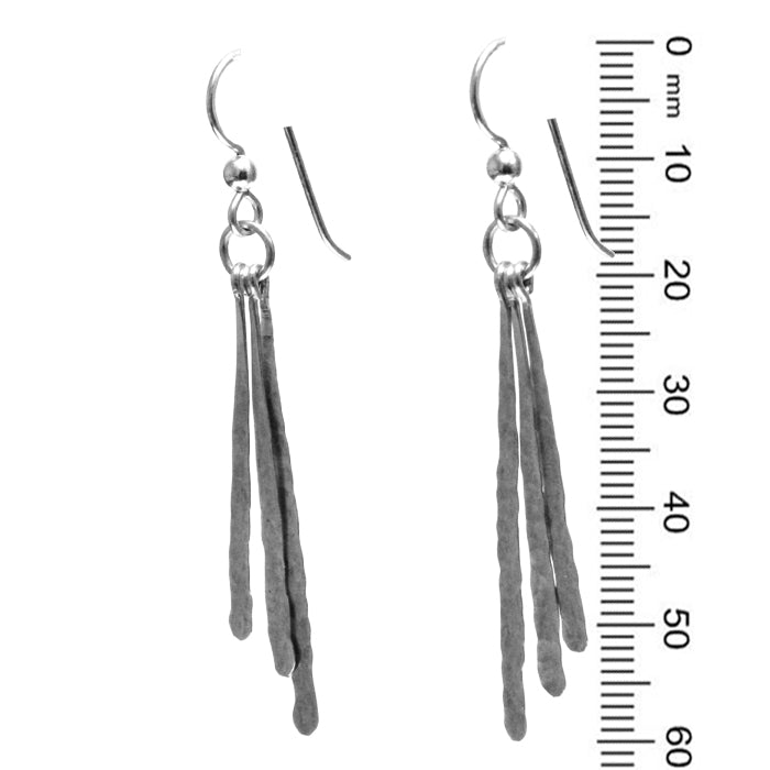 Triple Sticks Earrings / 60mm length / hammered organic handmade dangles / sterling silver