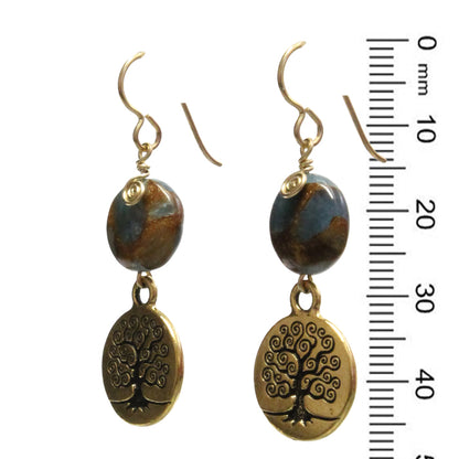 Tree of Life Earrings / 47mm length / blue and gold quartz  / gold pewter tree charm / gold filled earwires
