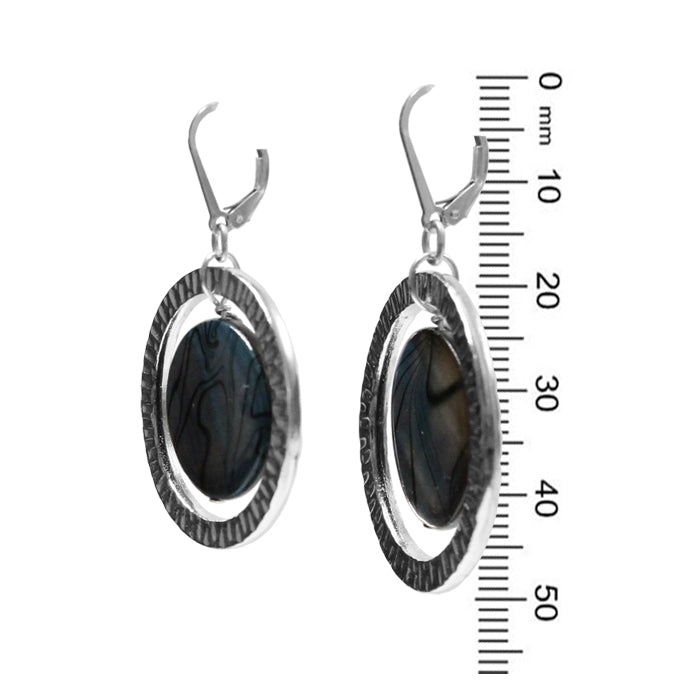 Spectral Ring Earrings / 50mm length / blue grey shell with silver / sterling leverback earwires