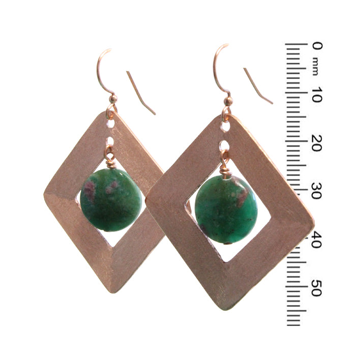 Brushed Copper Earrings with Ruby Fuchsite / 55mm length / pure copper earrings