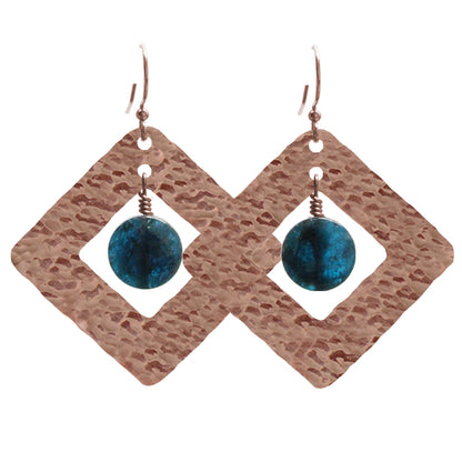 Copper Fire Earrings with blue apatite / 55mm length / pure copper earrings