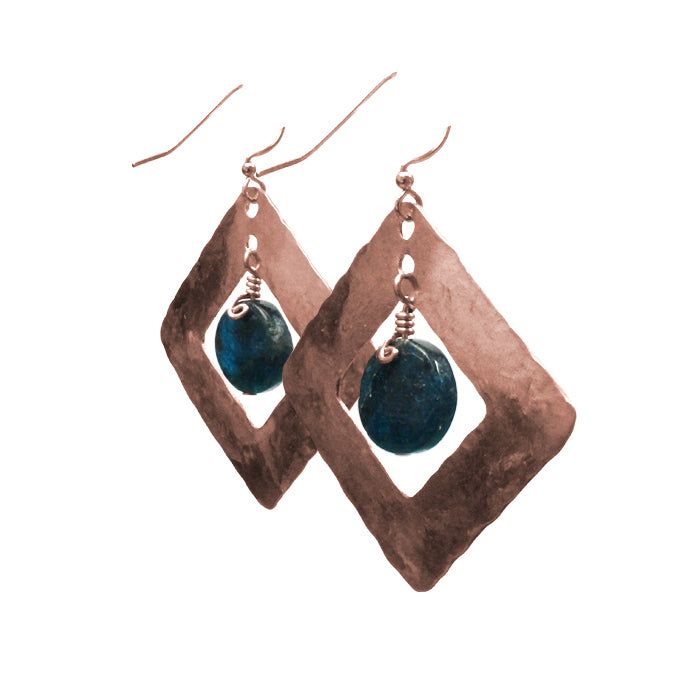 Copper Fire Earrings with blue apatite / 55mm length / pure copper earrings