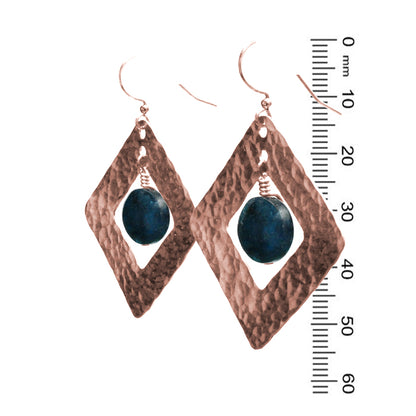 Copper Fire Earrings with blue apatite / 55mm length / pure copper earrings