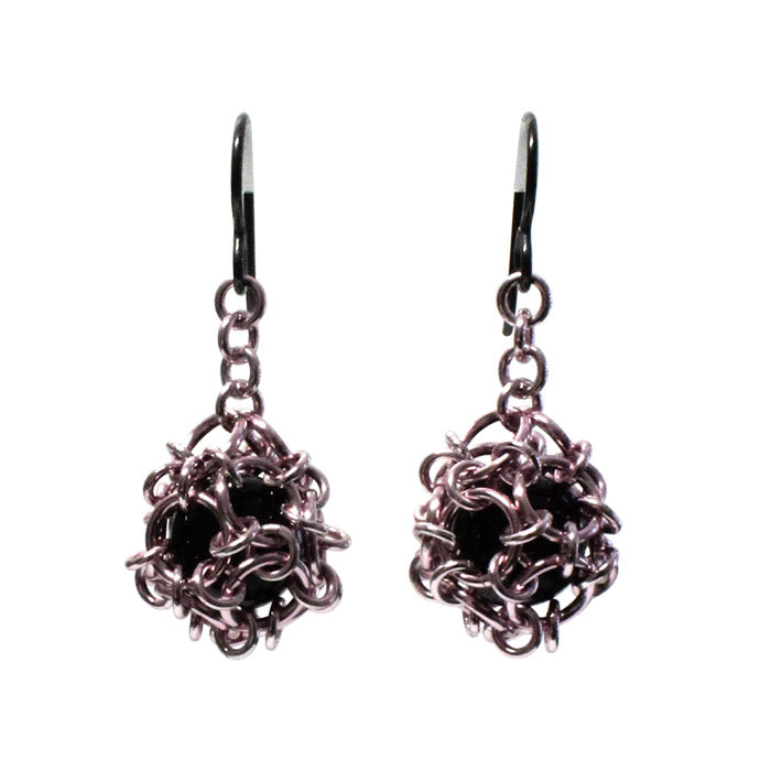 Chainmail Ball Earrings / choose from 5 colors / 40mm length / with black onyx and hook earwires