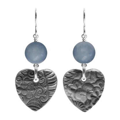 Grey Heart Charm Earrings / 48mm length / sterling silver hook earwires / choose your own gemstone