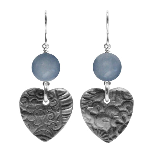 Grey Heart Charm Earrings / 48mm length / sterling silver hook earwires / choose your own gemstone