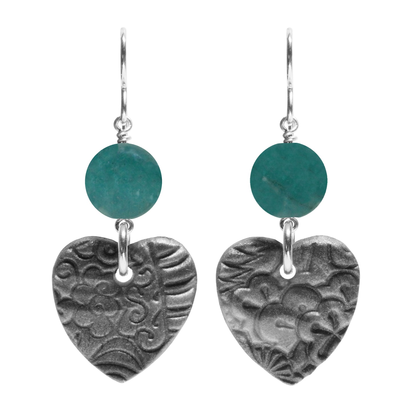 Grey Heart Charm Earrings / 48mm length / sterling silver hook earwires / choose your own gemstone