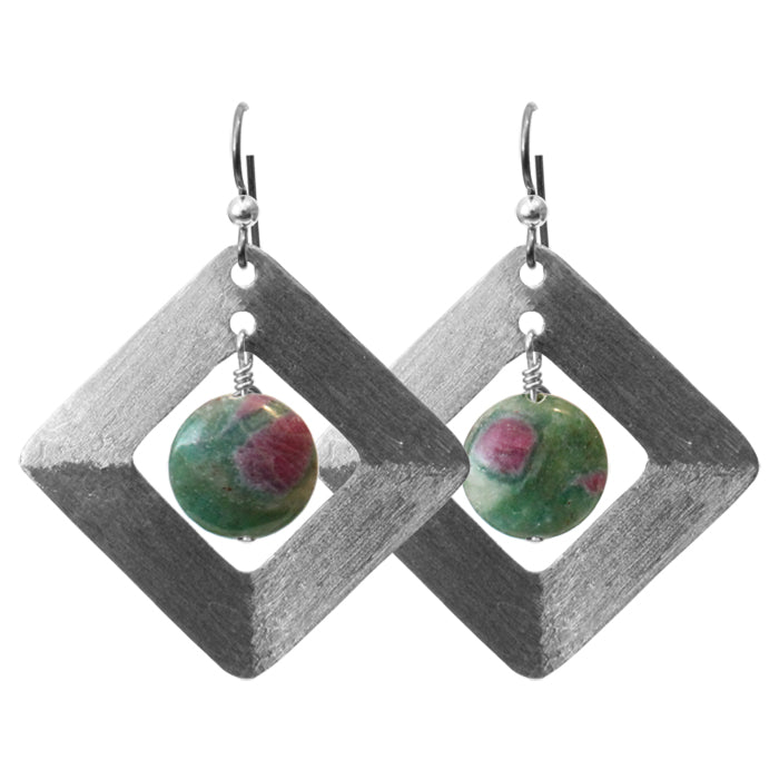 Brushed Steel Earrings with Ruby Fuchsite / 55mm length / hypo-allergenic niobium earwires