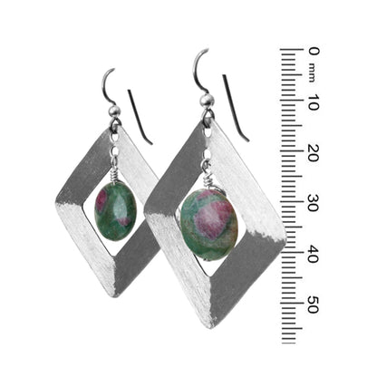 Brushed Steel Earrings with Ruby Fuchsite / 55mm length / hypo-allergenic niobium earwires