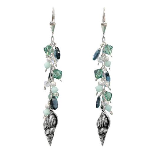 Spindle Shell Earrings / 78mm length / with london blue topaz briolettes / sterling silver leverbacks