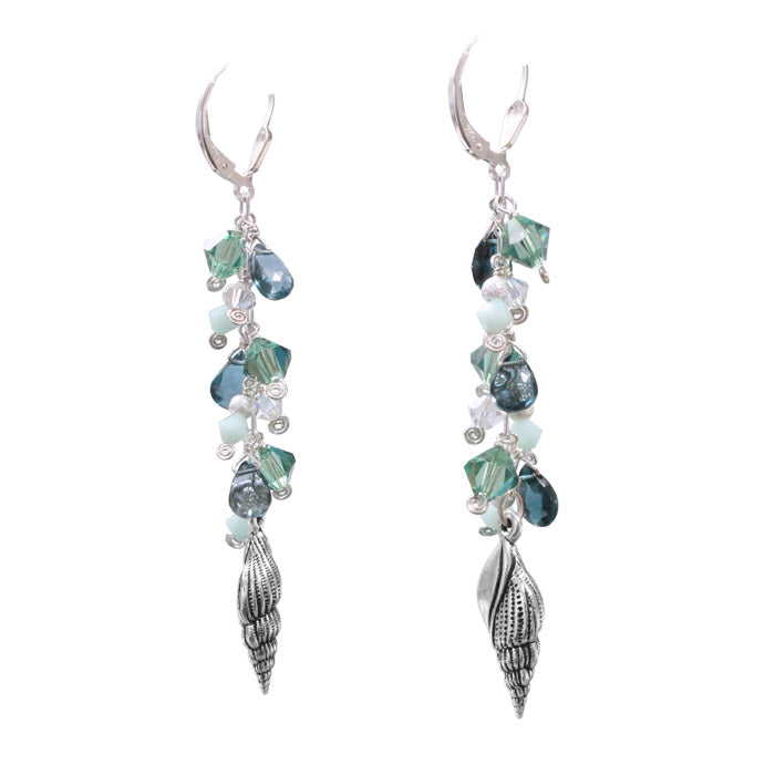 Spindle Shell Earrings / 78mm length / with london blue topaz briolettes / sterling silver leverbacks