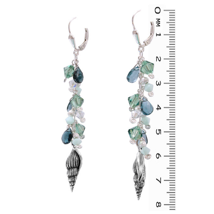 Spindle Shell Earrings / 78mm length / with london blue topaz briolettes / sterling silver leverbacks