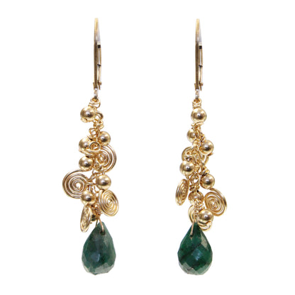 Emerald Cascade Earrings with galaxy spirals / 50mm length / gold filled leverback earwires