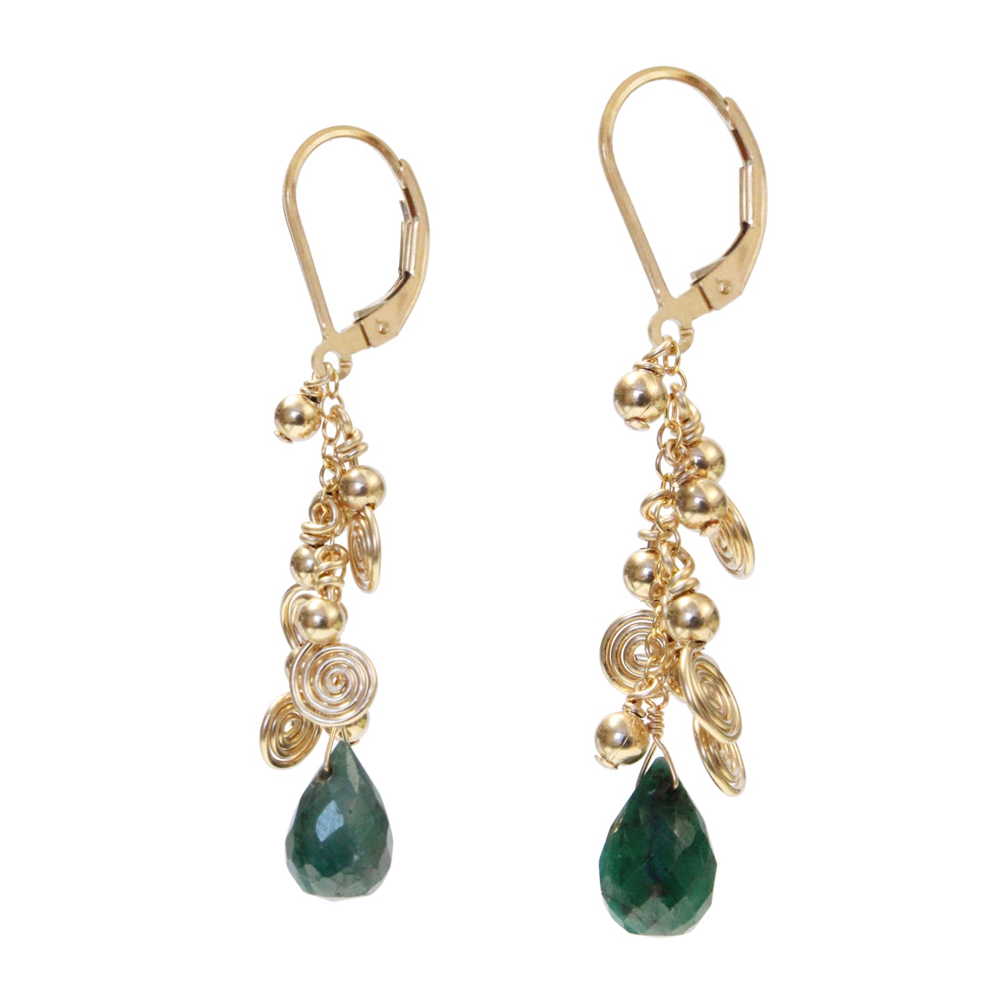 Emerald Cascade Earrings with galaxy spirals / 50mm length / gold filled leverback earwires