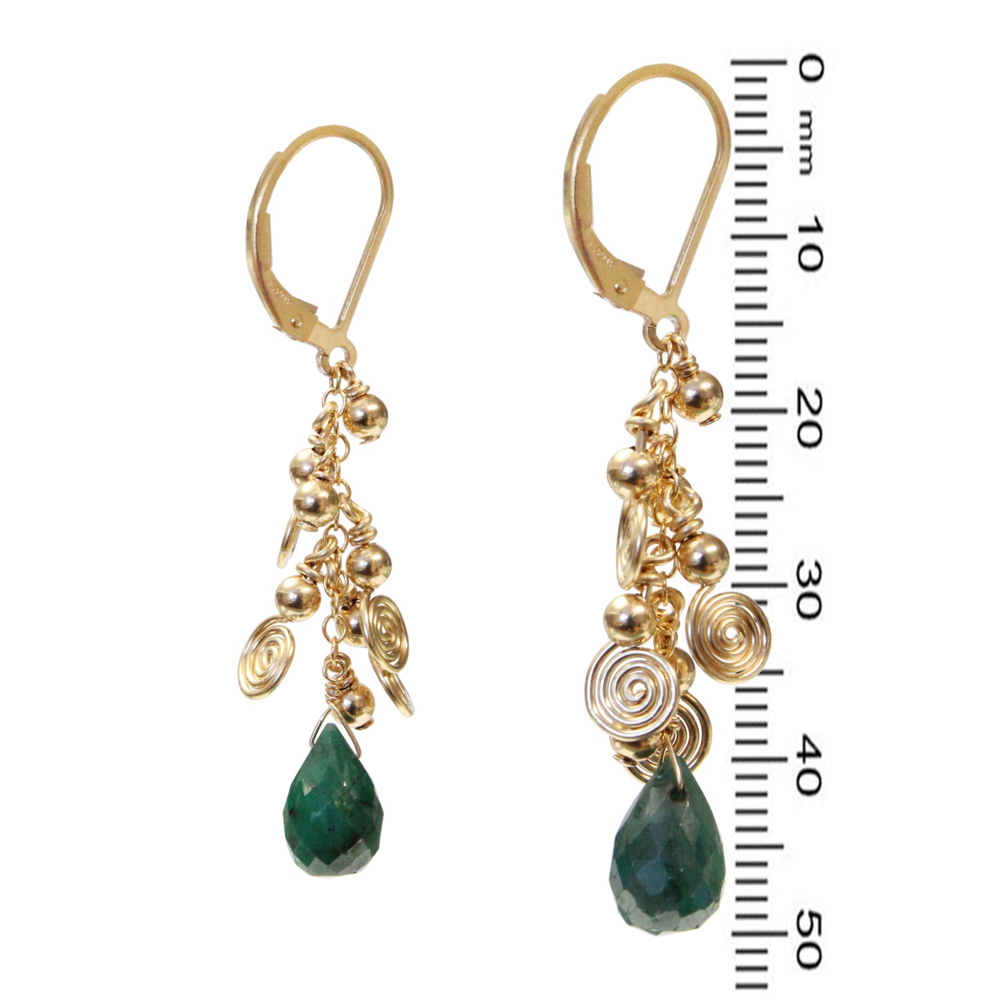 Emerald Cascade Earrings with galaxy spirals / 50mm length / gold filled leverback earwires