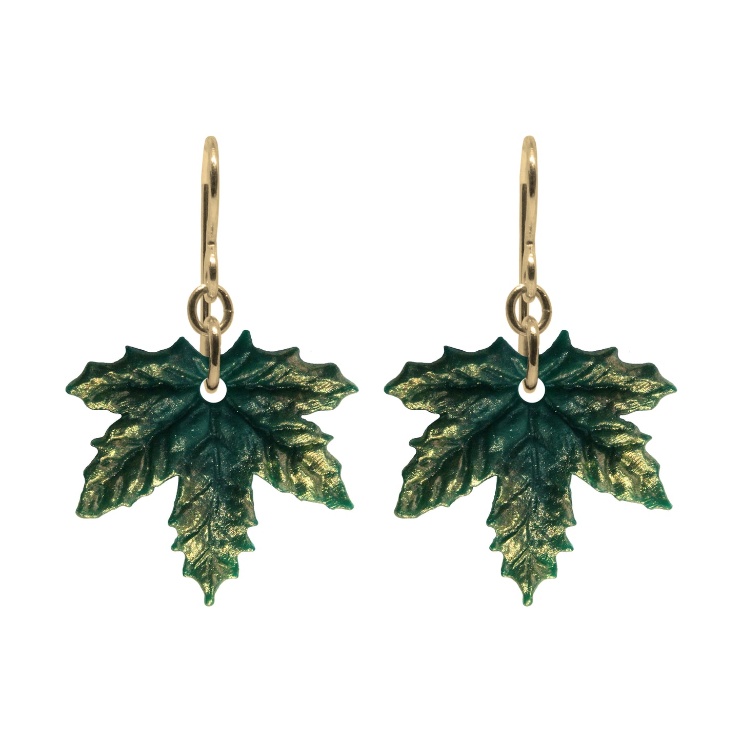 Summer Green Maple Leaf Charm Earrings / gold filled hook earwires