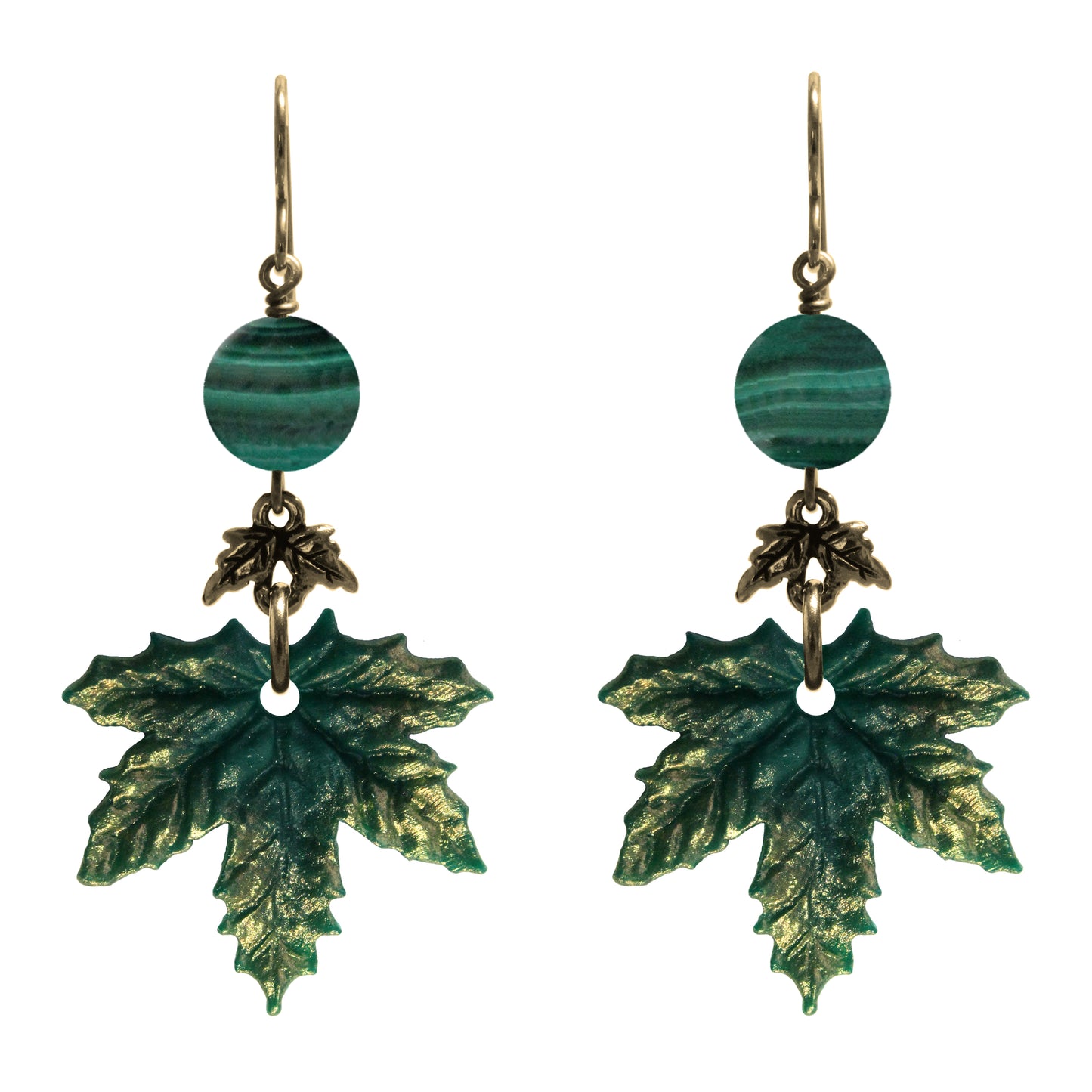 Summer Green Maple Leaf Charm Earrings / gold filled hook earwires