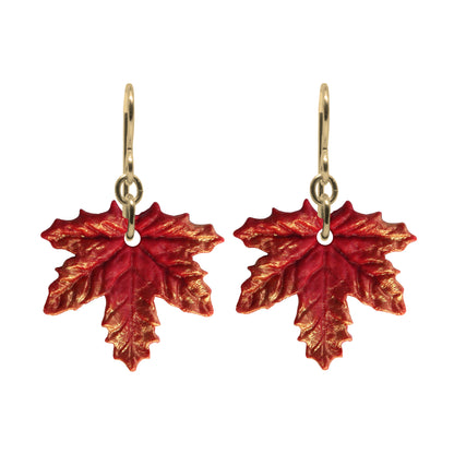 Autumn Red Maple Leaf Charm Earrings / gold filled hook earwires