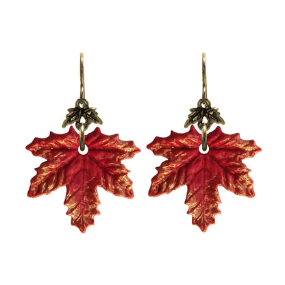 Autumn Red Maple Leaf Charm Earrings / gold filled hook earwires