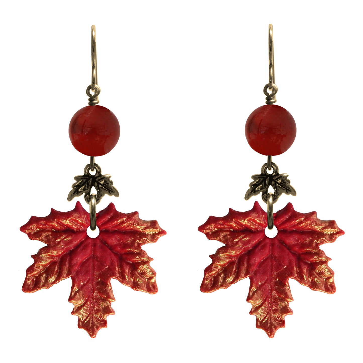 Autumn Red Maple Leaf Charm Earrings / gold filled hook earwires
