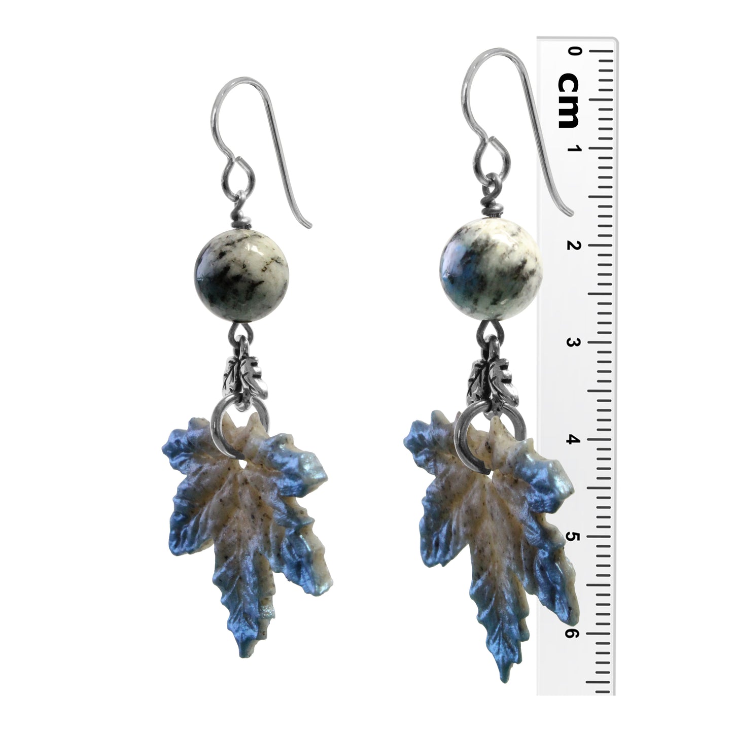 Maple Leaf Charm Earrings with K2 Granite / 65mm length / sterling silver hook earwires