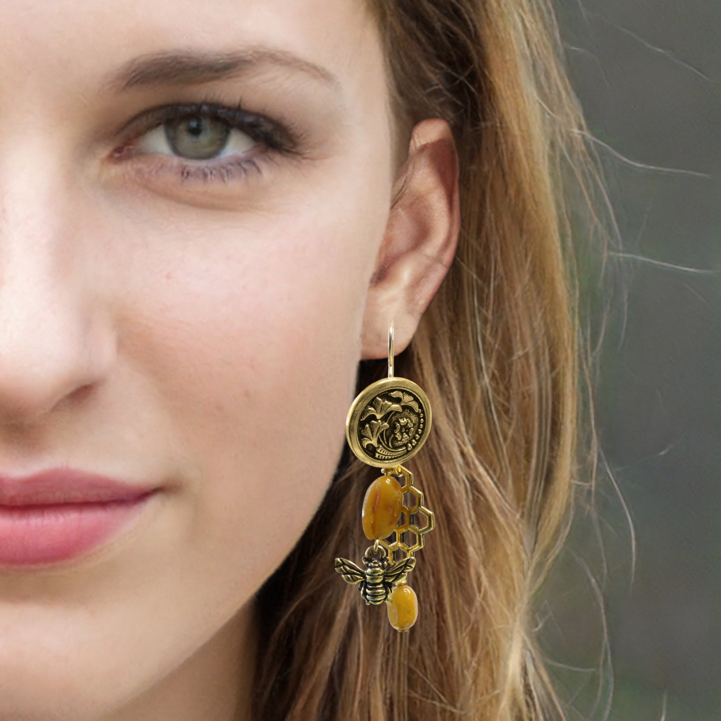 Amber Honeybee Earrings / 60mm length / gold filled earwires