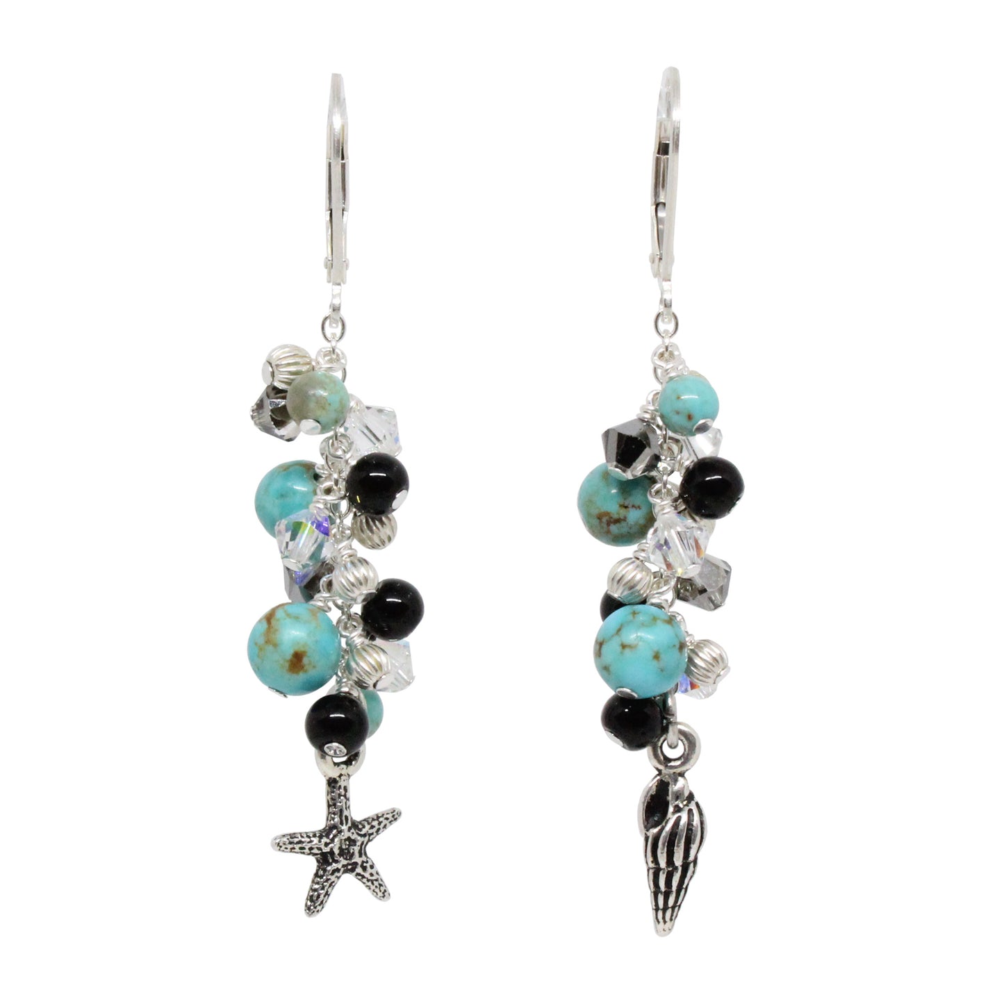 Cascade Earrings with #8 Mine turquoise gemstones / 60mm length / with beach charms and sterling silver leverback earwires