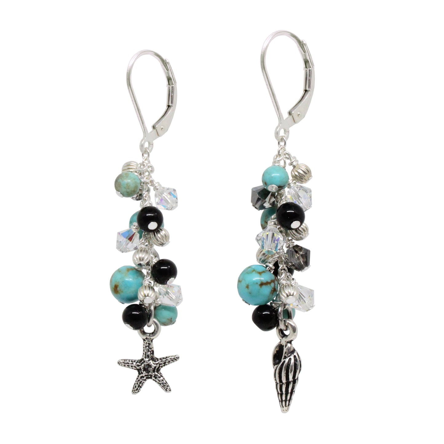 Cascade Earrings with #8 Mine turquoise gemstones / 60mm length / with beach charms and sterling silver leverback earwires