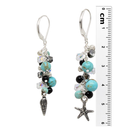 Cascade Earrings with #8 Mine turquoise gemstones / 60mm length / with beach charms and sterling silver leverback earwires