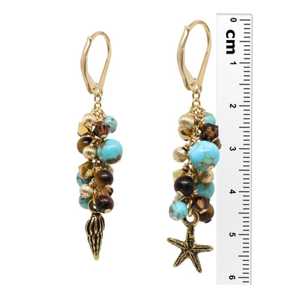 Cascade Earrings with #8 Mine turquoise gemstones / 60mm length / with beach charms and gold filled leverback earwires