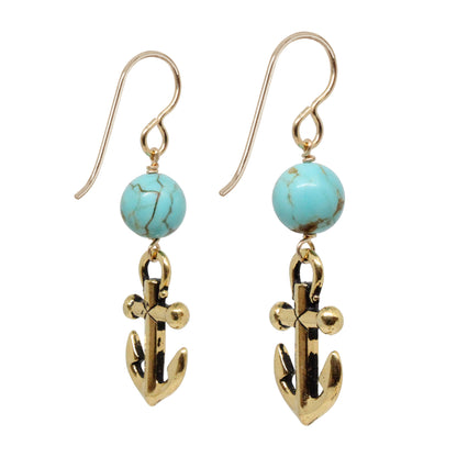 Turquoise Island Anchor Earrings / 45mm length / genuine turquoise gemstones / gold filled hook earwires