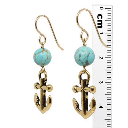 Anchor Earrings / 45mm length / #8 Mine turquoise gemstones / gold filled hook earwires