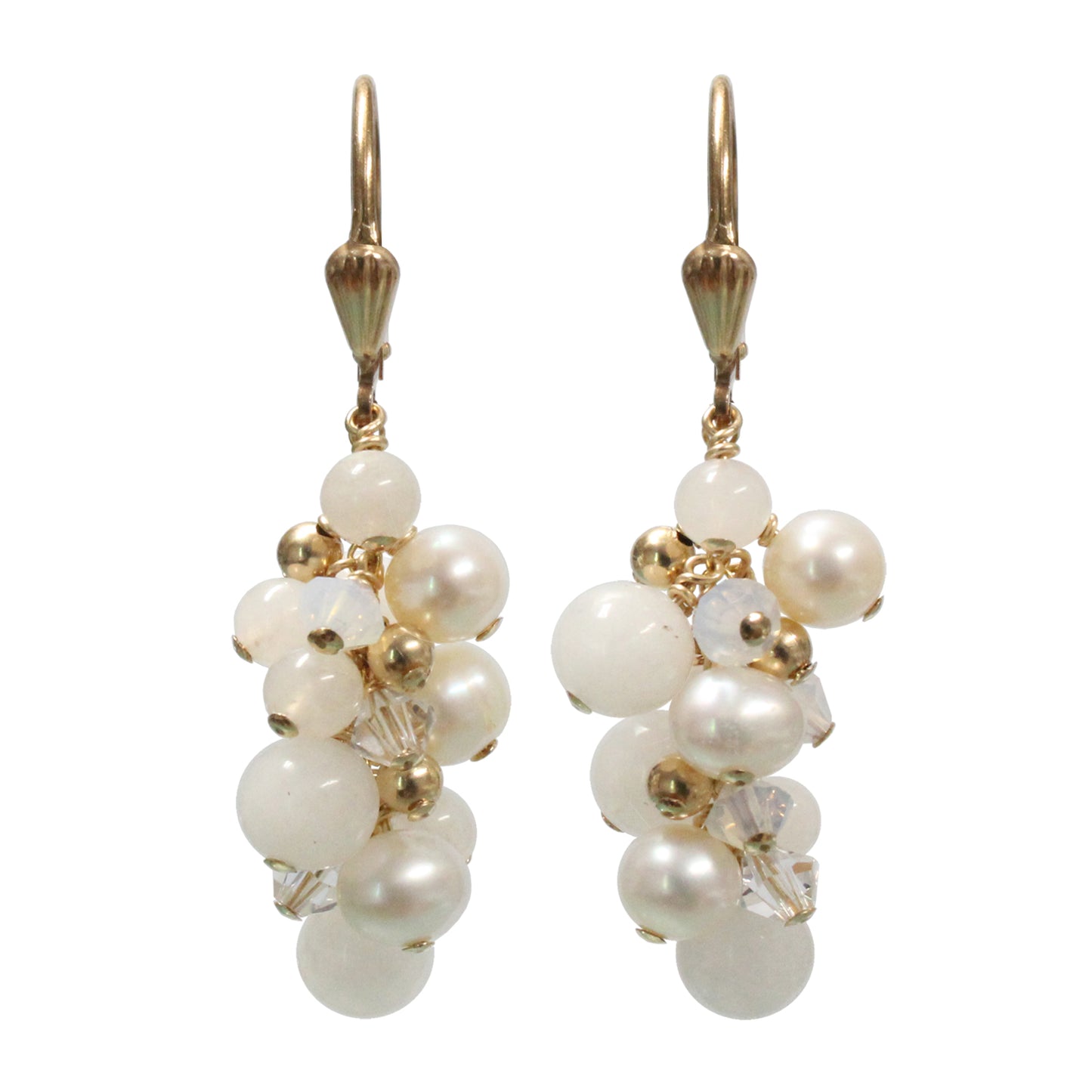 White Cascade Earrings / 48mm length / snow jade, pearls and crystal, gold filled leverback earwires
