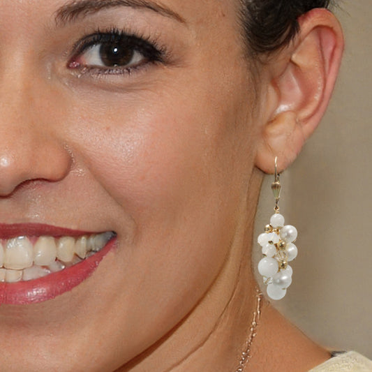 White Cascade Earrings / 48mm length / snow jade, pearls and crystal, gold filled leverback earwires