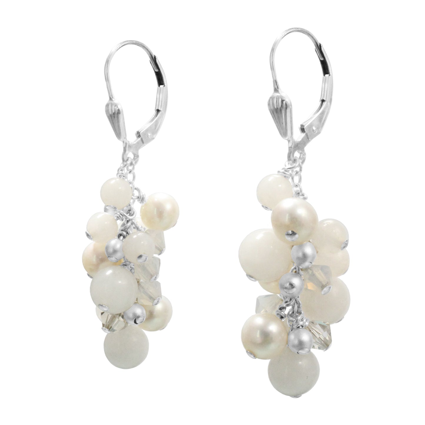 White Cascade Earrings / 48mm length / snow jade, pearls and crystal, sterling silver leverback earwires