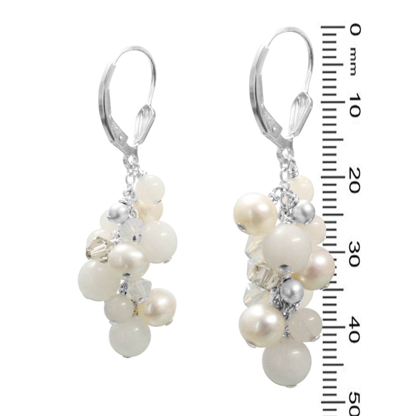 White Cascade Earrings / 48mm length / snow jade, pearls and crystal, sterling silver leverback earwires