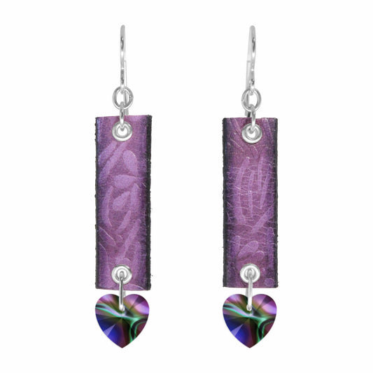 Purple LC Earrings / 60mm Length / embossed floral leather cord / crystal heart / sterling silver hook earwires
