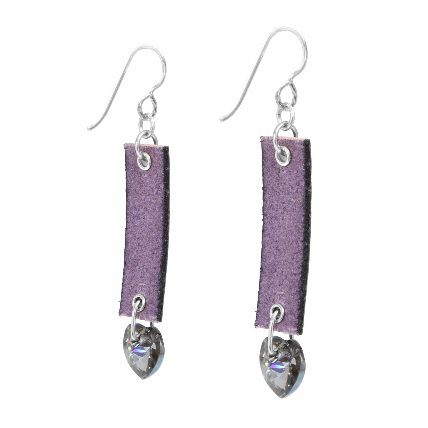 Purple LC Earrings / 60mm Length / embossed floral leather cord / crystal heart / sterling silver hook earwires