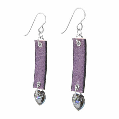 Purple LC Earrings / 60mm Length / embossed floral leather cord / crystal heart / sterling silver hook earwires