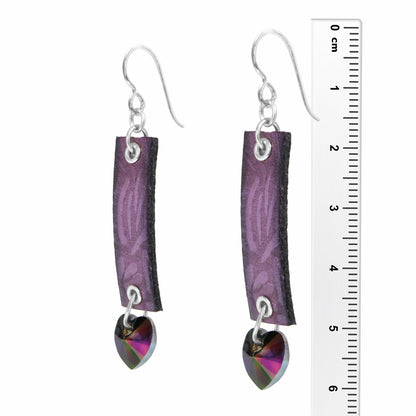 Purple LC Earrings / 60mm Length / embossed floral leather cord / crystal heart / sterling silver hook earwires