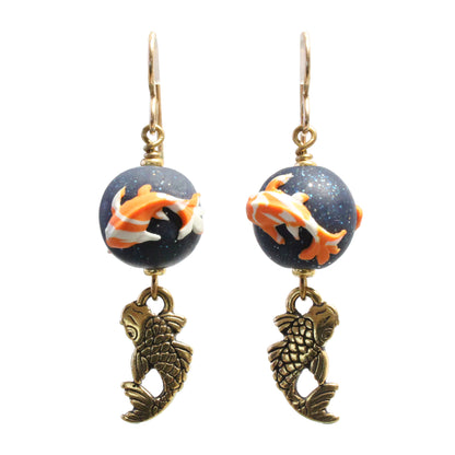 Celestial Koi Earrings / 50mm length / gold pewter charms / gold filled hook earwires