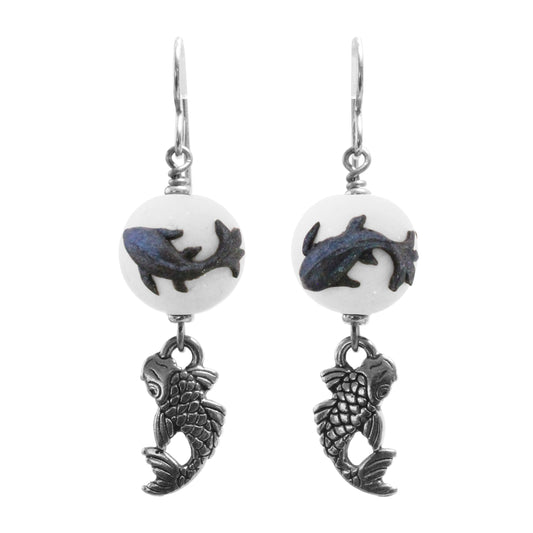 Sparkle Koi Earrings / 50mm length / silver pewter charms / sterling silver hook earwires