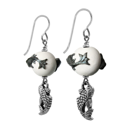 Sparkle Koi Earrings / 50mm length / silver pewter charms / sterling silver hook earwires