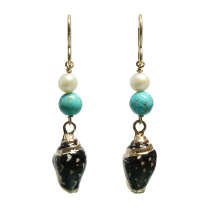 Shell Earrings / 45mm length / #8 Mine turquoise gemstones / gold filled hook earwires