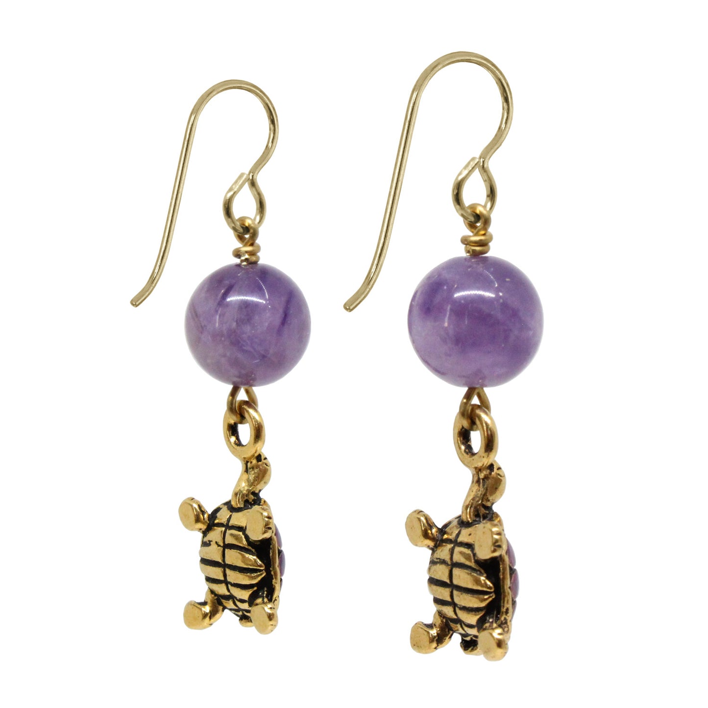 Turtle Earrings / 45mm length / hand painted pewter charms / purple amethyst / gold filled earwires