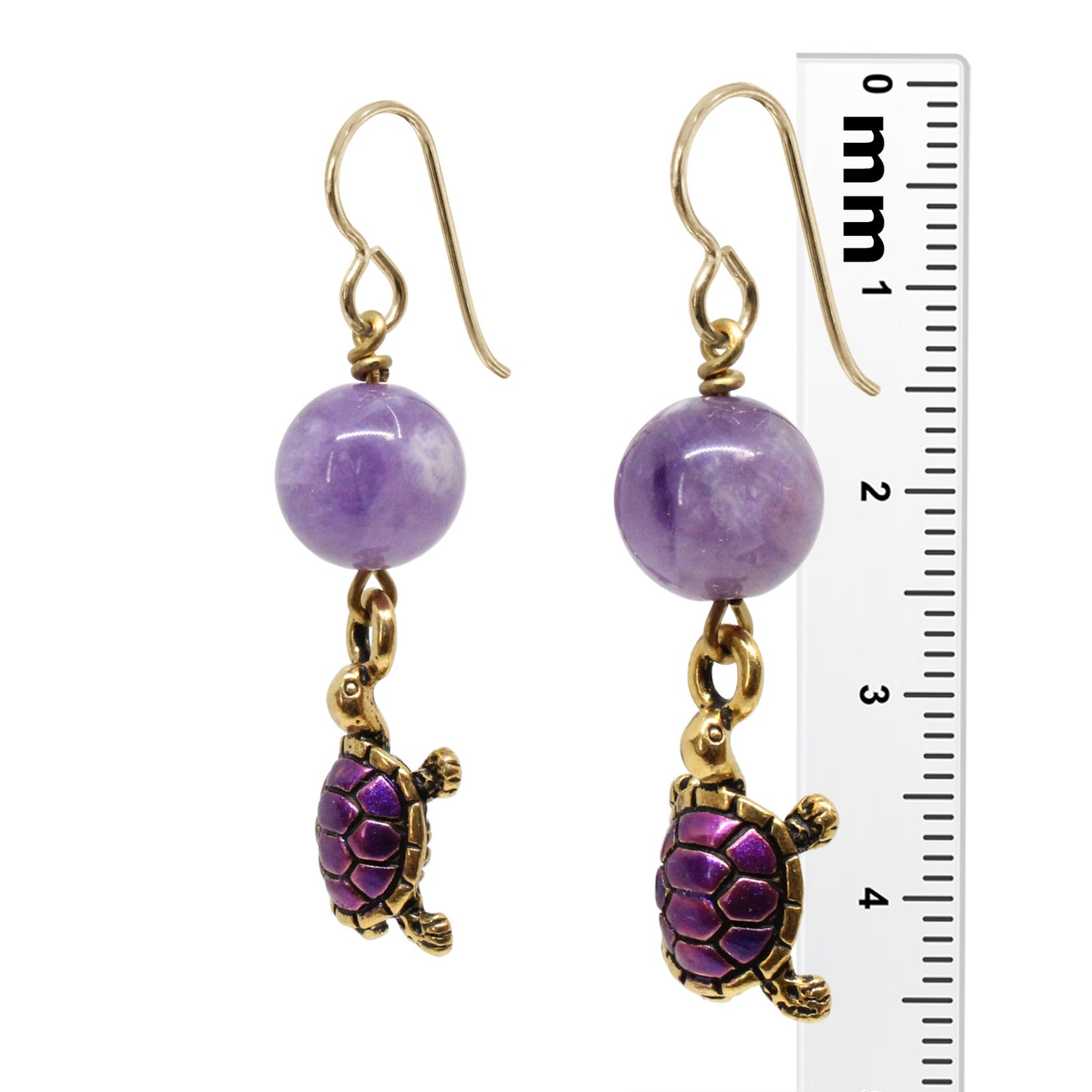 Turtle Earrings / 45mm length / hand painted pewter charms / purple amethyst / gold filled earwires